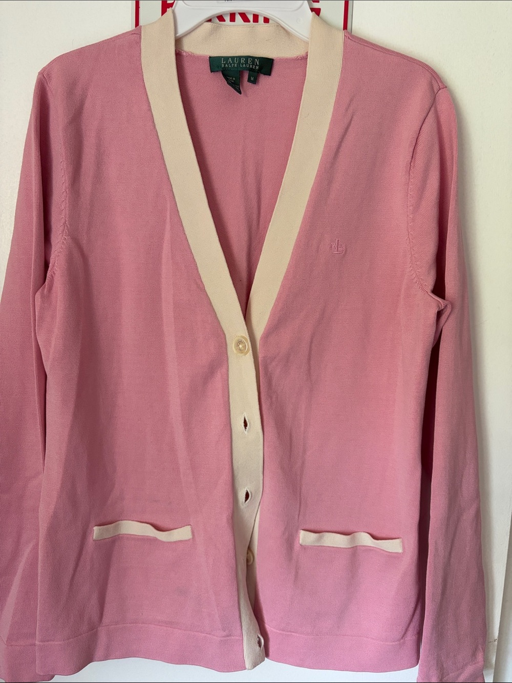 Lauren Ralph Lauren Pink Cardigan with Cream Contrast Trim